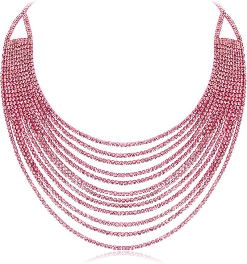 Flyonce Multi Layered Choker Collar Necklace, Glitter Rhinestone Crystal Tassel Multi-Strand Fringe Chains Bib Statement Necklace Prom Jewelry for Women - Image 1